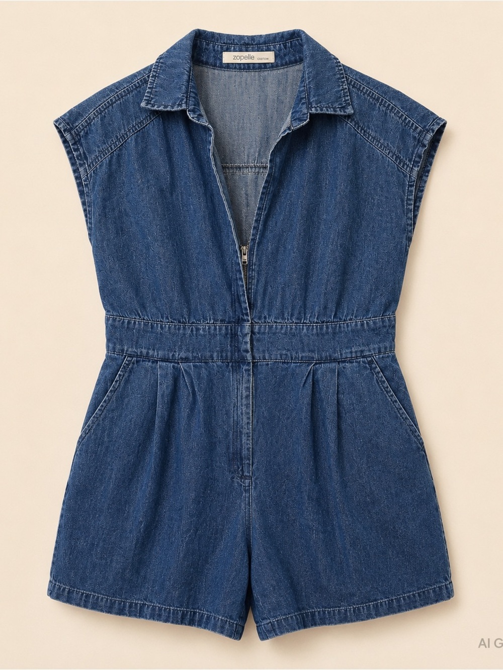 Zapelle Custom 100% Cotton Retro Sleeveless Denim Zip Romper in Dark Blue - Picture 2 of 7
